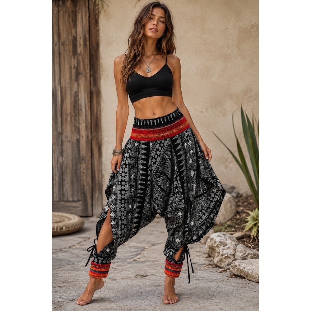 Boho Patchwork Harem Pants Handmade Thailand Drop Crotch Aladdin Tie Calf